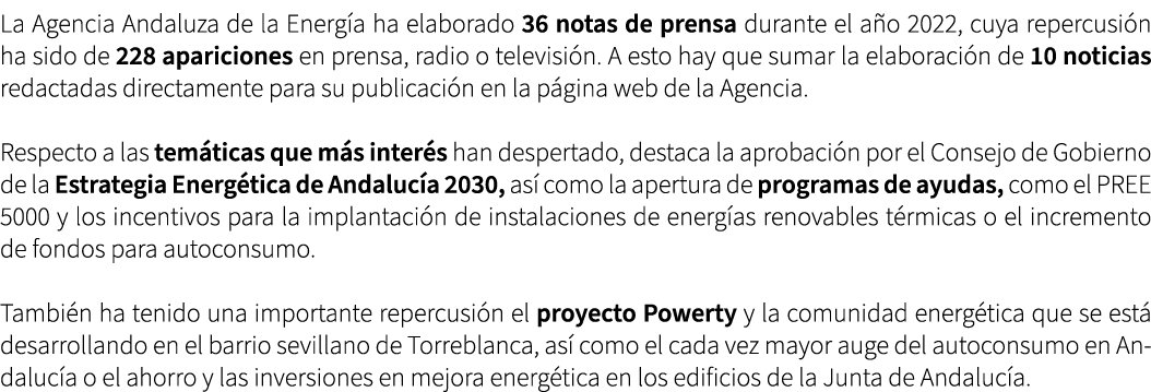 La Agencia Andaluza de la Energ a ha elaborado 36 notas de prensa durante el a o 2022, cuya repercusi n ha sido de 22...