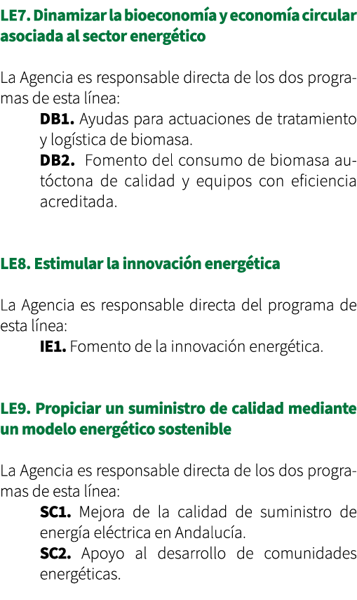 LE7. Dinamizar la bioeconom a y econom a circular asociada al sector energ tico La Agencia es responsable directa de ...