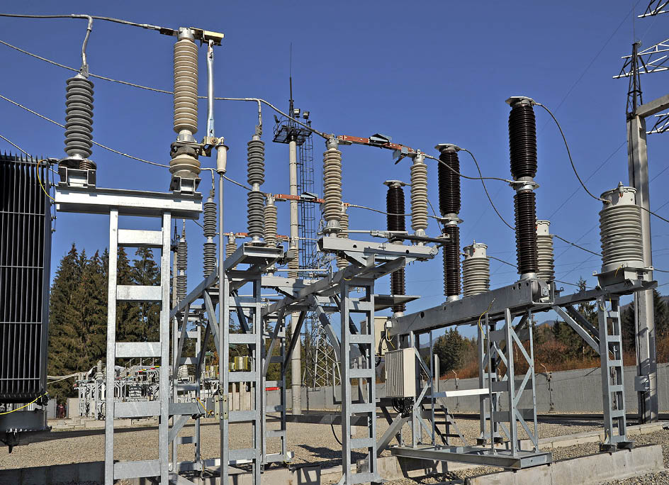 Part of high-voltage substation with switches and dis connectors.High voltage converter at a power plant