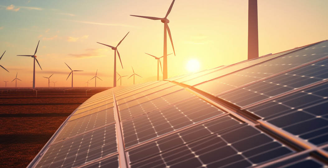 Solar panels and wind mills at sunset sustainable energy, eco environment