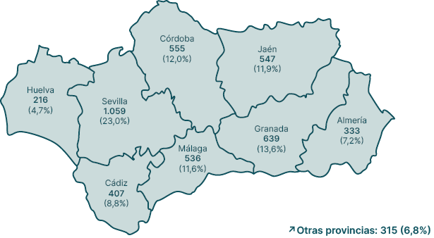 ↗Otras provincias: 315 (6,8%),Almer a 333 (7,2%),Granada 639 (13,6%),M laga 536 (11,6%),C diz 407 (8,8%),Huelva 216 (...