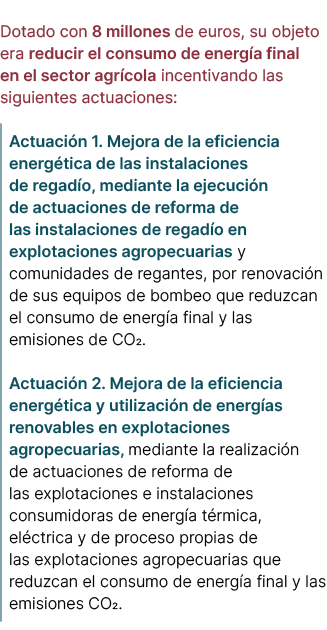 Dotado con 8 millones de euros, su objeto era reducir el consumo de energ a final en el sector agr cola incentivando ...