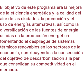 El objetivo de este programa era la mejora de la eficiencia energ tica y la calidad del aire de las ciudades, la prom...