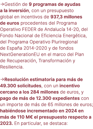 →Gesti n de 9 programas de ayudas a la inversi n, con un presupuesto global en incentivos de 937,3 millones de euros ...