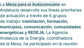 La Mesa para el Autoconsumo en Andaluc a desarrolla sus l neas prioritarias de actuaci n a trav s de 6 grupos de trab...