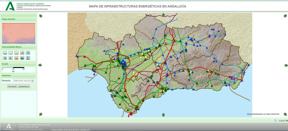Captura de pantalla de la visualización del Mapa de Infraestructuras energéticas de Andalucía