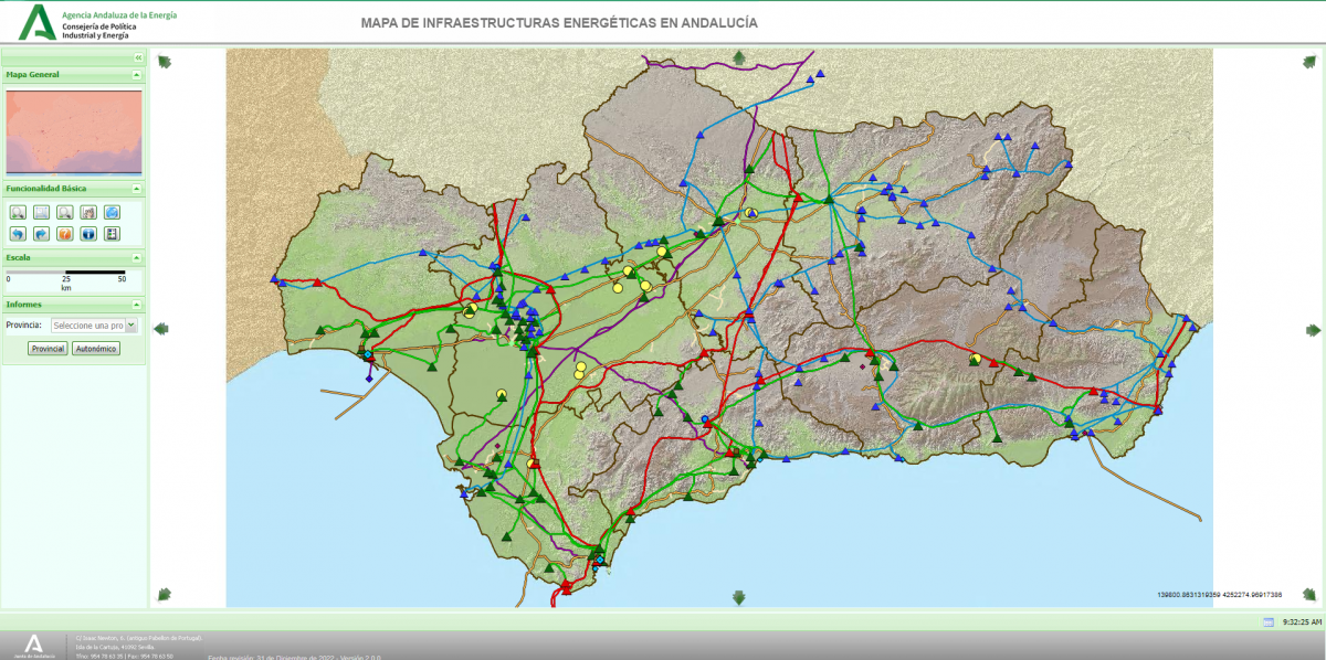 Captura de pantalla de la visualización del Mapa de Infraestructuras energéticas de Andalucía